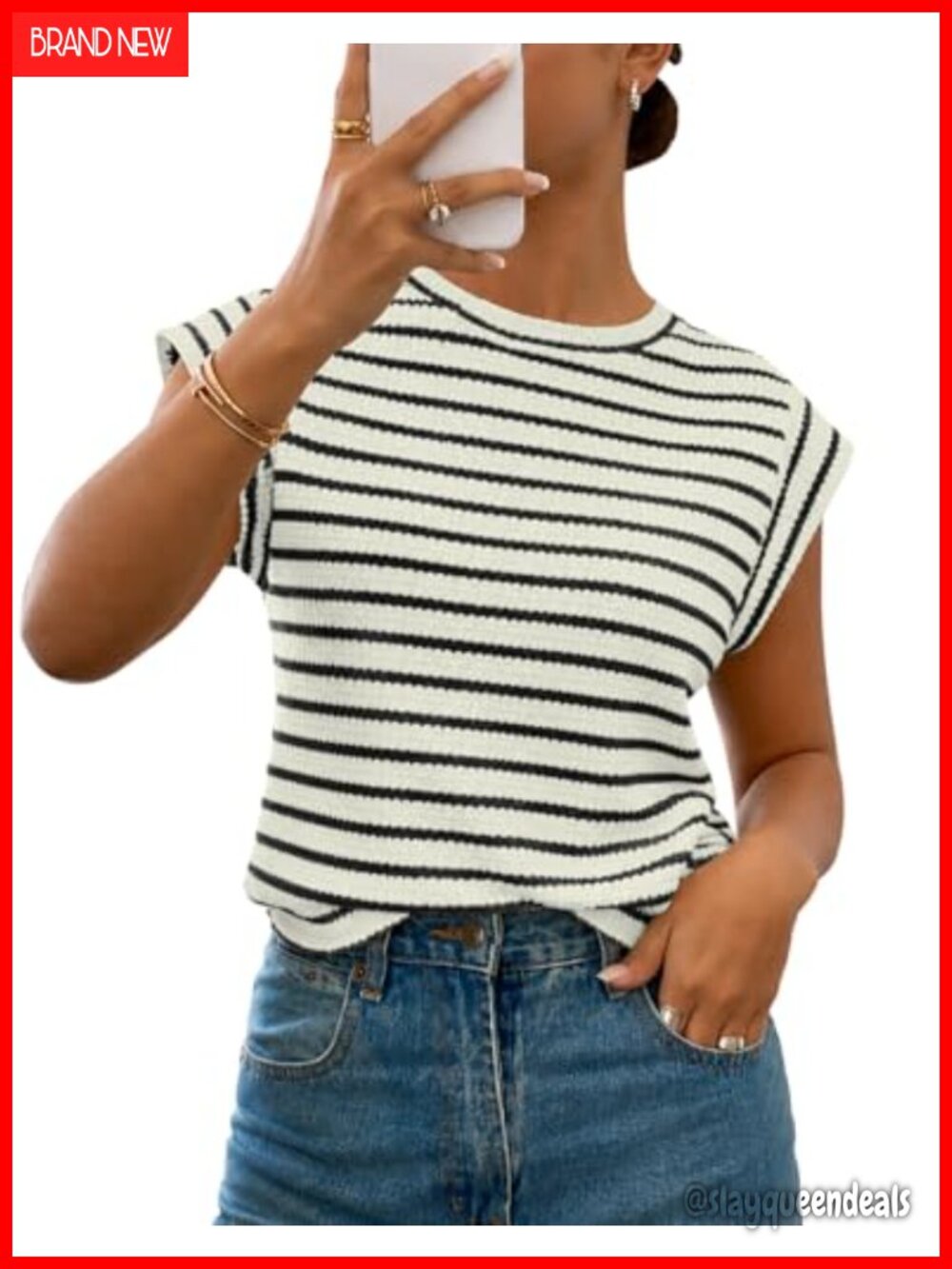 Womens Striped Knit Vest Top Cap Sleeve Crew Neck Loose Tank Summer Casual